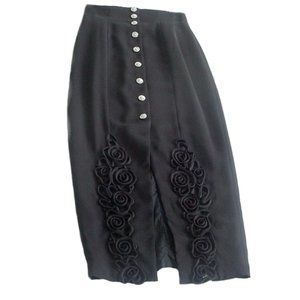 LONG BLACK DRESS SKIRT WITH PASSIMENTERIE TRIM SILVER BUTTONS SIZE M 25" WAIST